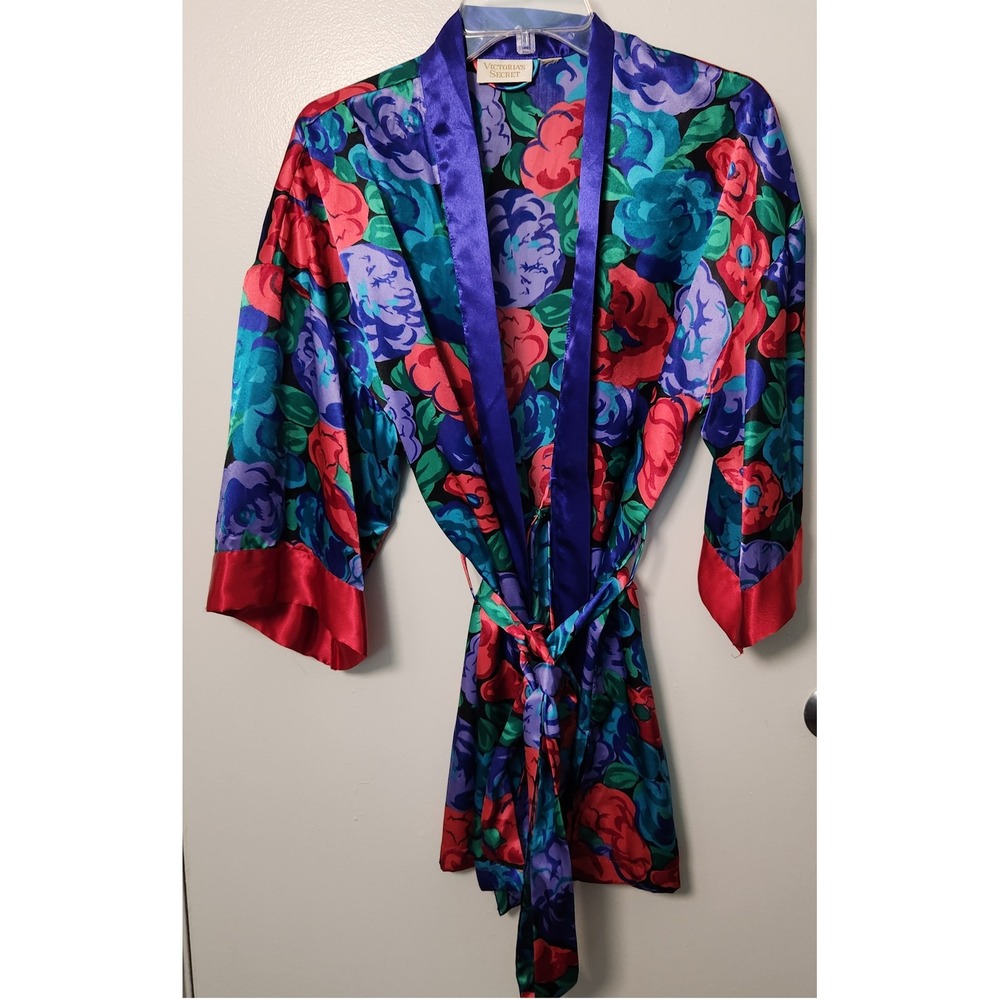Victoria's Secret Vintage Gold Label Satin Kimono‎ Robe Belt Floral Sm Med